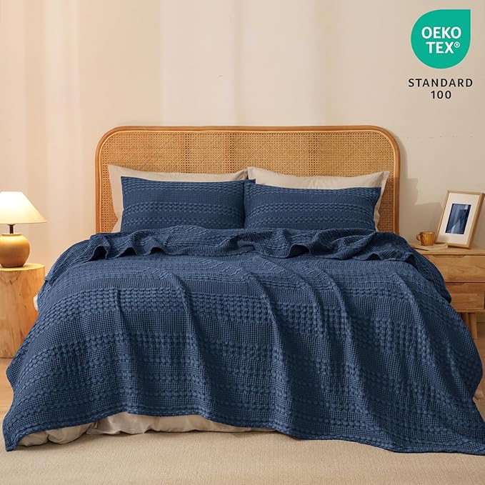 PHF 100% Cotton Waffle Weave Blanket King Size for Bed, Soft Lightweight & Breathable for Spring and Summer, All-Season Comfort, Luxury Aesthetic Blanket for Home Decor, 108"x90", Blue Sapphire