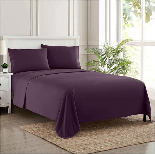 RV Queen Bed Sheets - Breathable Luxury Sheets with Full Elastic & Secure Corner Straps Built In - 1800 Supreme Collection Extra Soft Deep Pocket Bedding Set, Sheet Set, RV Short Queen, Purple