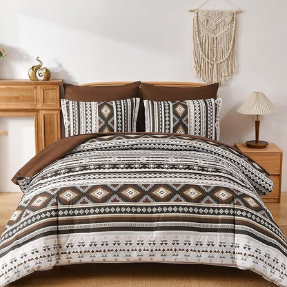 Dinjoy Boho King Size Bed in A Bag 7 Pieces,Drak Brown/Coffee Comforter Set Aztec Striped Fall Bedding Set Bohemian Complete Set Western Geometric Taupe Comforters for Women Men 90"×104"