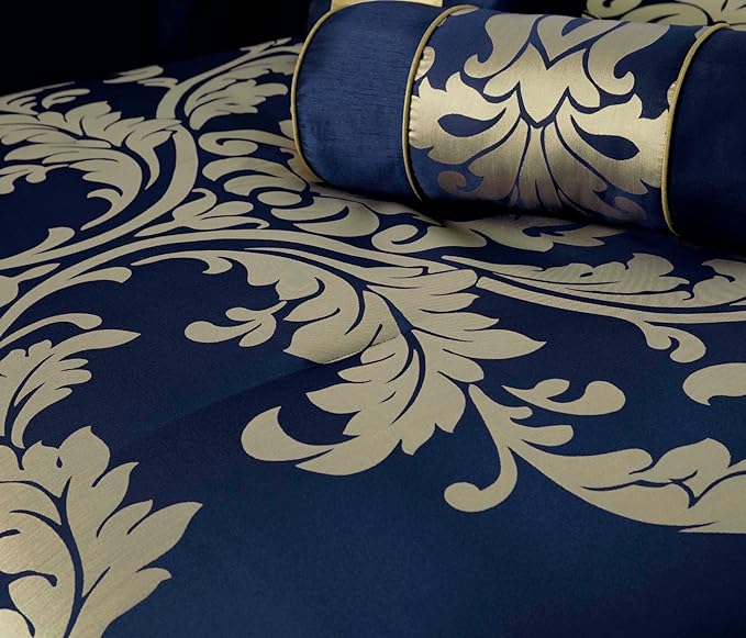 Chezmoi Collection Royale 7-Piece Jacquard Floral Comforter Set, Oversized Queen, Navy/Gold