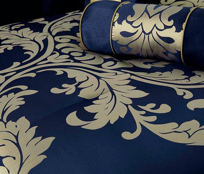 Chezmoi Collection Royale 7-Piece Jacquard Floral Comforter Set, Oversized Queen, Navy/Gold