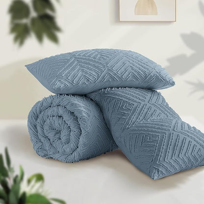 Andency Greyish Blue Oversized King Comforter 128''x120'', 3 Pieces Soft Boho Bedding Set & Collections, Farmhouse Tufted Fluffy Shabby Chic Bed Set for All Seasons (1 Comforter, 2 Pillowcases)