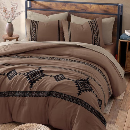MaiRêve Embroidery Comforter Set, Boho Farmhouse Western Bedding Set, All Season Bed in A Bag Comforter Set with Sheets, Pillowcases & Shams, Brown Queen 7 Pieces