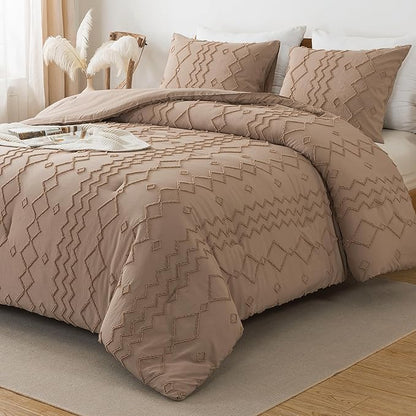 Andency Taupe Tufted Comforter Set King(104x90Inch), 3 Pieces(1 Boho Comforter, 2 Pillowcases) Textured Farmhouse Bed, Soft Microfiber Down Alternative Geometric Bedding Set