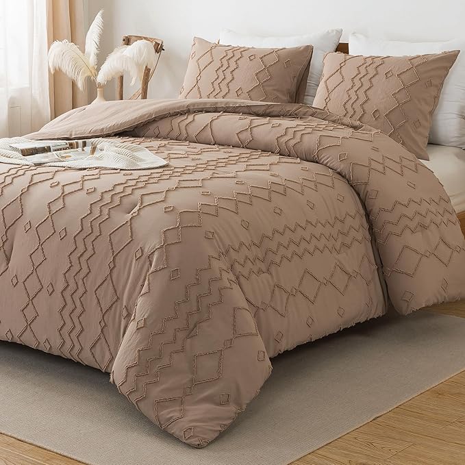 Andency Taupe Tufted Comforter Set Full(79x90Inch), 3 Pieces(1 Boho Comforter, 2 Pillowcases) Textured Farmhouse Bed, Soft Microfiber Down Alternative Geometric Bedding Set