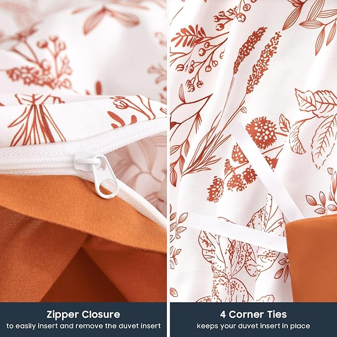 Wake In Cloud - Floral Duvet Cover Set, Botanical Vintage Flower Coquette Cottagecore Aesthetic for Women Teen Girls, Soft Lightweight Bedding, 3-Piece, Terracotta, Full Size