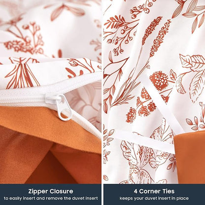 Wake In Cloud - Floral Duvet Cover Set, Botanical Vintage Flower Coquette Cottagecore Aesthetic for Women Teen Girls, Soft Lightweight Bedding, 3-Piece, Terracotta, Full Size
