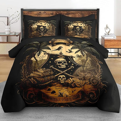 Comforter Set Full Size, Pirate Skeleton 7 Pcs Bedding for Kids and Adults, Halloween Vintage Gothic Bed Sheet Sets with Fitted Sheet 2 Pillowcase & 2 Sham for Bedroom Bed Decor