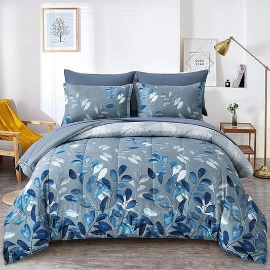 Blue Comforter Set Full Size 7 Piece Botanical Leaves Gradient Bed in a Bag Ultra Soft Microfiber Down Alternative Bedding Set Lightweight Reversible Bed Comforter Set for All Season 78" x 90"