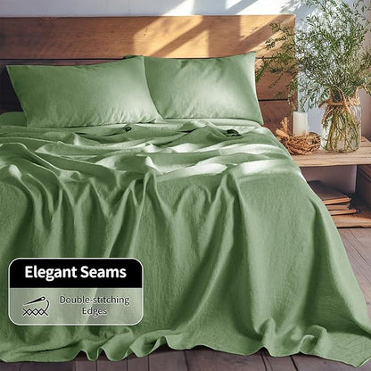 LBRO2M 100% Pure Linen Sheet Set Deep Pocket Up to 16" Bed Sheets Sets, Natural Flax Beddings Soft, Breathable, Comfortable for All Seasons Twin Size, Green