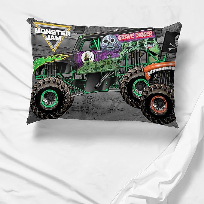 Jay Franco Monster Jam Grave Finish Line 1 Single Reversible Pillowcase Features Grave Digger, Megalodon, & El Toro Loco - Double-Sided Kids Super Soft Bedding