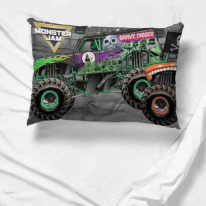 Jay Franco Monster Jam Grave Finish Line 1 Single Reversible Pillowcase Features Grave Digger, Megalodon, & El Toro Loco - Double-Sided Kids Super Soft Bedding