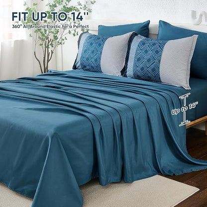 Dinjoy Queen Comforter Set Navy Blue, 7 Piece Boho Bed in a Bag Queen Size Striped Fall Bedding Sets Comforters with Plaid Bed Set with Sheets for Women Men