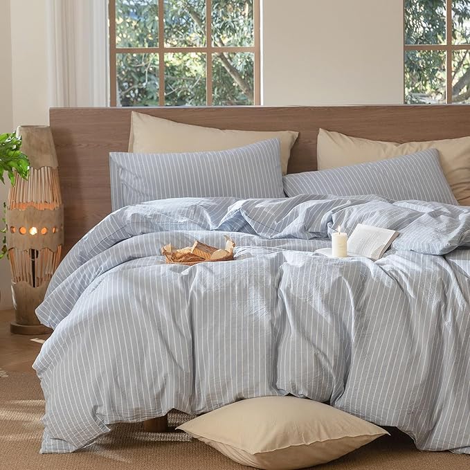 MooMee Striped Duvet Cover Set 100% Washed Cotton Linen Like Textured Breathable Durable Soft Comfy (Cornflower Blue White Wide Stripes, Oversized Queen 98"x98")