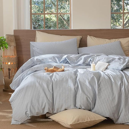 MooMee Striped Duvet Cover Set 100% Washed Cotton Linen Like Textured Breathable Durable Soft Comfy (Cornflower Blue White Wide Stripes, Super King 108"x98")