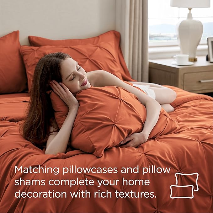 Bedsure Twin XL Comforter Set - Extra Long 5 Pieces Dorm Bedding Sets, GentleSoft™ Pinch Pleat Burnt Orange Bed in a Bag with Pintuck Comforter, Sheets, Pillowcase & Sham