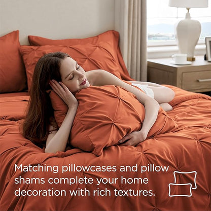 Bedsure Twin XL Comforter Set - Extra Long 5 Pieces Dorm Bedding Sets, GentleSoft™ Pinch Pleat Burnt Orange Bed in a Bag with Pintuck Comforter, Sheets, Pillowcase & Sham
