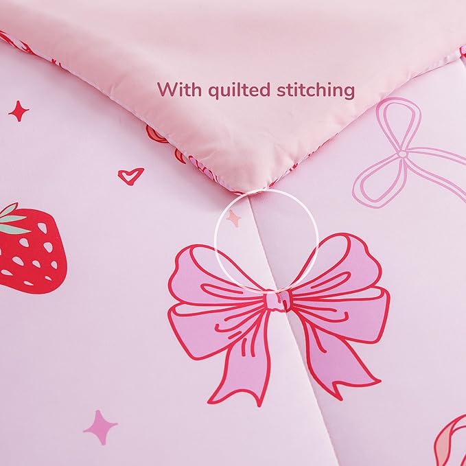 Full Size Comforter Set for Girls - 4 Pieces Pink Bow Full Bedding Sets for Kids,1 Comforter, 2 Shams and 1 Decor Pillow