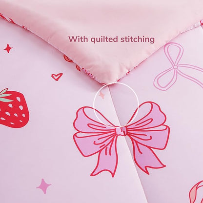 Full Size Comforter Set for Girls - 4 Pieces Pink Bow Full Bedding Sets for Kids,1 Comforter, 2 Shams and 1 Decor Pillow