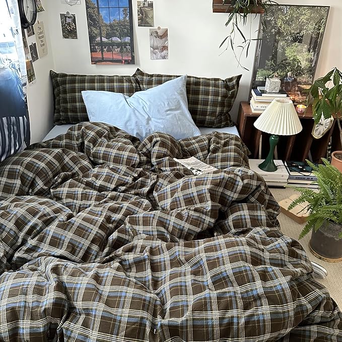 MKXI Twin Size Blue, Brown & Green Buffalo Plaid Duvet Cover Set - 3 Piece Vintage Aesthetic Bedding Set, 100% Washed Cotton, Minimalist Design, Soft & Breathable Duvet Cover with Zipper Closure