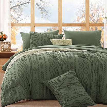 WRENSONGE King Size Comforter Set with Sheets - 7 Pieces Olive Green Tufted Bed in a Bag King Shabby Chic Bedding Sets with 1 Comforter, 2 Sheets, 2 Pillowcases & 2 Shams