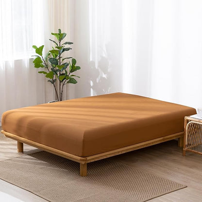 MooMee Fitted Bottom Sheet Only 100% Washed Cotton Linen Like Textured Breathable Durable Soft Comfy Deep Pocket Fits Mattress up to 17" (Dark Orange, Twin)