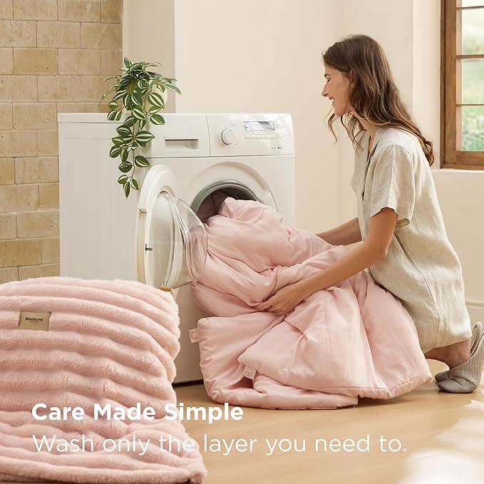 Bedsure Gentlesoft™ 2-in-1 Twin Comforter Set and Detachable Fluffy Blanket, Pink Bedding Set for All Season Use, SnapTech Design for Space Saving (Includes 1 Pillow Sham, 1 Pillowcase)