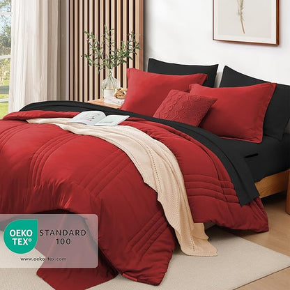 Monbix King Size Comforter Set - 7 Pieces Bed in a Bag King, Bright Red Bedding Sets with Comforter, All Seasons Comforter Bed Set with Sheets, Pillowcases & Shams