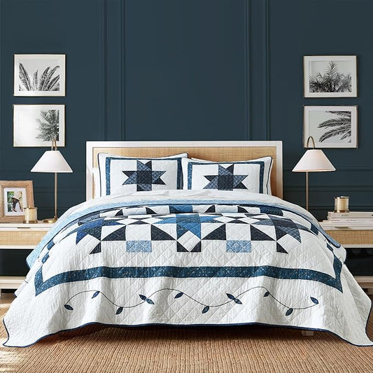 Secgo Handmade Quilted 100% Cotton King Comforter Set for Bed - 100% Cotton Quilts King Size, Black Bedspreads (96 * 108 Inch) with 2 Pillow Shams, Patchwork Reversible Lightweight Bedding