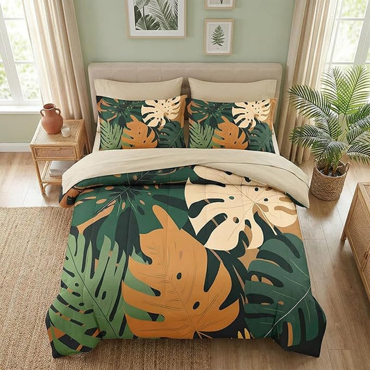 Comforter Set King Size, Boho Monstera Leaves 7 Pcs Bedding Set for Kids and Adults, Summer Bohemian Plant Bed Sheet Sets with Fitted Sheet 2 Pillowcase & 2 Sham for Bedroom Bed Decor