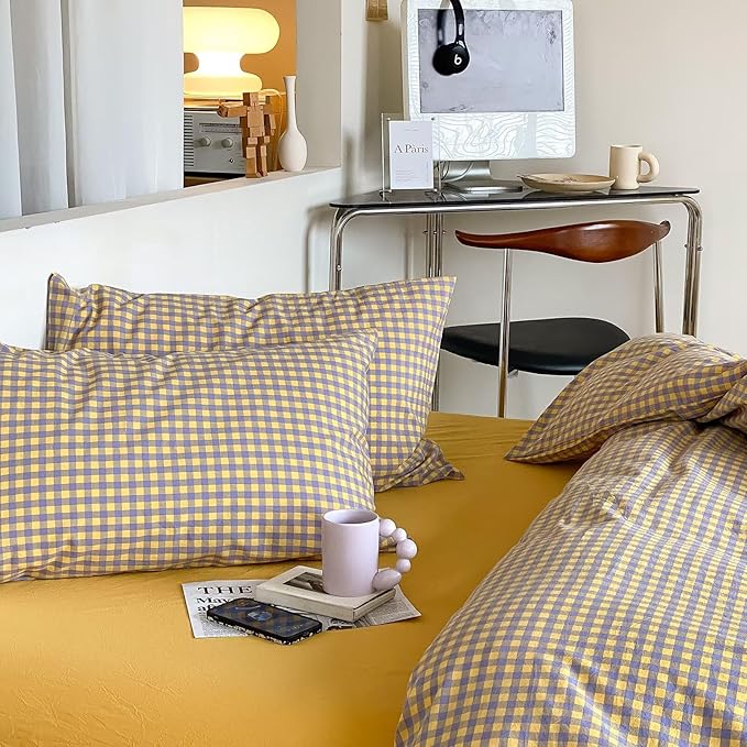 mixinni Yellow/Purple Gingham Comforter Set King, Plaid Comforter Set 3 Pieces 1 Vintage Grid Comfoter with 2 Pillow Cases for All Seasons, Soft Fluffy Modern Grid Pattern Printed Bedding-King Size