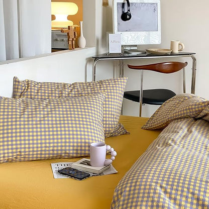mixinni Yellow/Purple Gingham Comforter Set King, Plaid Comforter Set 3 Pieces 1 Vintage Grid Comfoter with 2 Pillow Cases for All Seasons, Soft Fluffy Modern Grid Pattern Printed Bedding-King Size