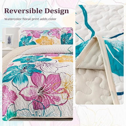 DJY Romantic Pink Teal Quilt Set Queen Size, 3 Pieces Colourful Floral Bedspread Set Bohemia Reversible Bedding Set Microfiber Lightweight Bedspread Coverlet Set for All Season 90"x96"