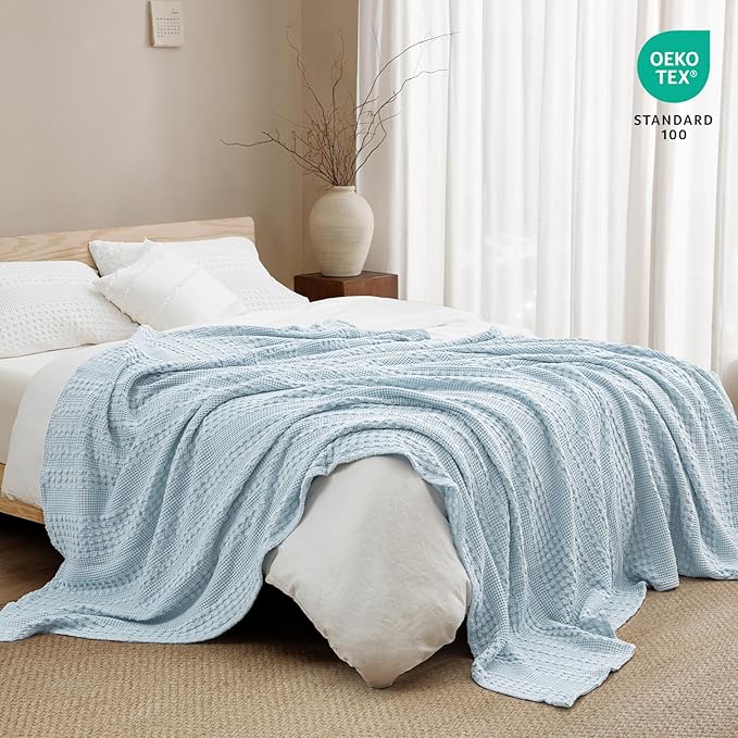 PHF 100% Cotton Waffle Weave Blanket Queen Size for Bed, Soft Lightweight & Breathable for Spring and Summer, All-Season Comfort, Luxury Aesthetic Blanket for Home Decor, 90"x90", Sky Blue