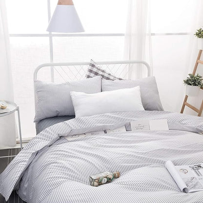 Wake In Cloud - Striped Cotton Duvet Cover Set, Ticking Stripe Pinstripe Farmhouse, 100% Cotton Bedding Set, 3 Pieces, Gray White, Queen Size