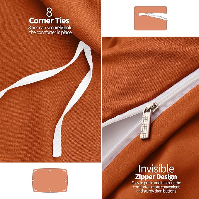 VACVELT 5 Piece Pinch Pleated Duvet Cover Full/Queen Size Set, Burnt Orange Pintuck Duvet Cover with Zipper & 8 Ties, Shabby Chic Microfiber Duvet Cover + 2 Pillow Shams + 2 Pillowcases, No Comforter