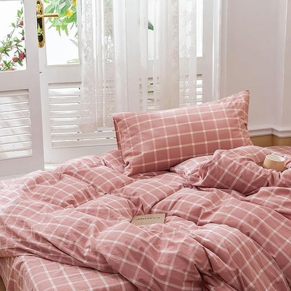 EAVD Modern Style White and Pink Grid Plaid Duvet Cover Twin Soft Cotton Reversible Checkered Plaid Bedding Set for Girls with 2 Pillowcases Simple Style Geometric Duvet Cover with Zipper Closure