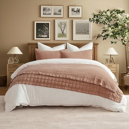EVERGRACEHOME Stonewashed Cotton Quilt Set King Size, Ultra Soft Oversized Bedspread Coverlet Set, Lightweight Crinkle Box Stitch Bedding Sets for All Season, with 2 Shams, Terracotta Clay