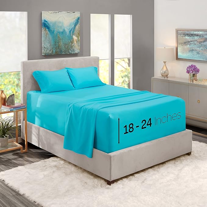 Nestl Bed Sheet Set, King - Deep Pocket, 4 Piece, Bright Blue, Microfiber