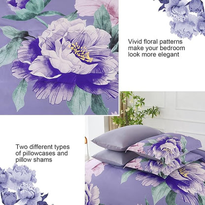 Dobuyly Floral Comforter Set King Size 7 Piece Bed in a Bag, Purple Pink Flower Comforter Set with Sheets, Soft Microfiber Botanical Flower Bedding Set for All Season