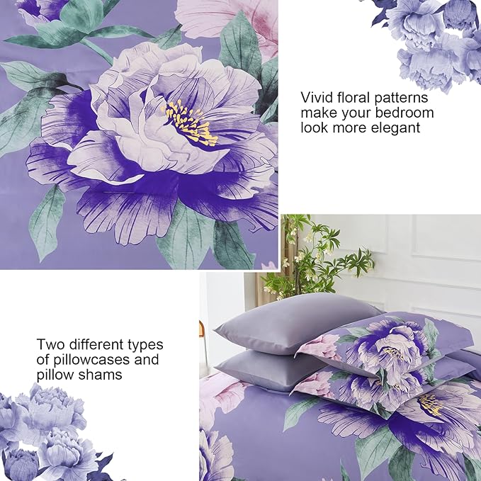 Dobuyly Floral Comforter Set Queen 7 Piece Bed in a Bag, Purple Pink Flower Comforter Set with Sheets, Soft Microfiber Botanical Flower Bedding Set for All Season