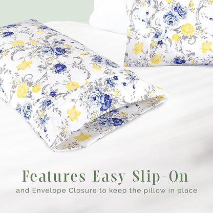 Elegant Comfort Ultra Soft Set of 2 Floral Print Pillowcases - 1500 Premium Hotel Quality Microfiber, Soft and Smooth Envelope Closure 2-Piece Pillow Covers - Standard/Queen, Gold Jenna