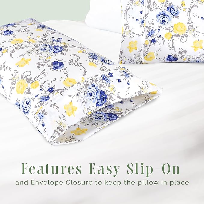 Elegant Comfort Ultra Soft Set of 2 Floral Print Pillowcases - Premium Hotel Quality Microfiber, Soft and Smooth Envelope Closure 2-Piece Pillow Covers - King, Gold Jenna