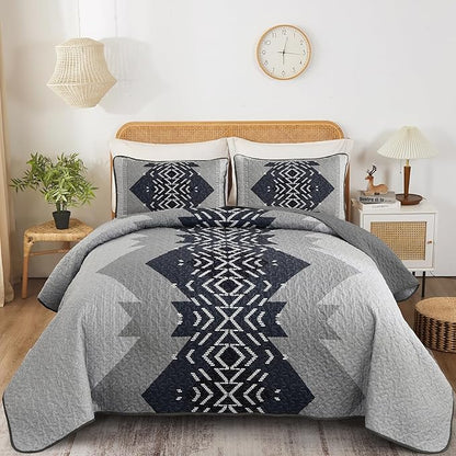 Dintszyayue King Quilt Set Boho,3 Piece Navy Bedding Coverlet Set Aztec Texture Bedspread Soft Lightweight Quilted Coverlet Set Reversiber Microfiber Bed Cover for Season(Navy,90"x103")