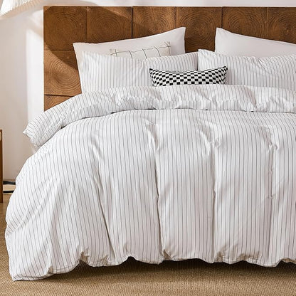 Merryword 100% Cotton Duvet Cover Set King Size, Black Pinstripe Duvet Cover Set with Zipper Closure & 8 Corner Ties, Soft Lightweight Comforter Cover, Luxury Linen Like Bedding for All Seasons