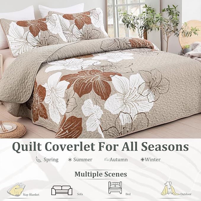 DJY 3-Piece Quilt Set - California King Taupe Boho Floral Pattern Quilt Coverlet Set with 2 Pillow Shams - Lightweight Bedding for Adults (Taupe, 106"x96")