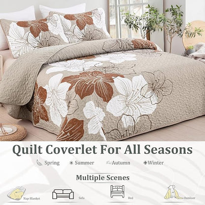DJY 3-Piece Quilt Set - California King Taupe Boho Floral Pattern Quilt Coverlet Set with 2 Pillow Shams - Lightweight Bedding for Adults (Taupe, 106"x96")