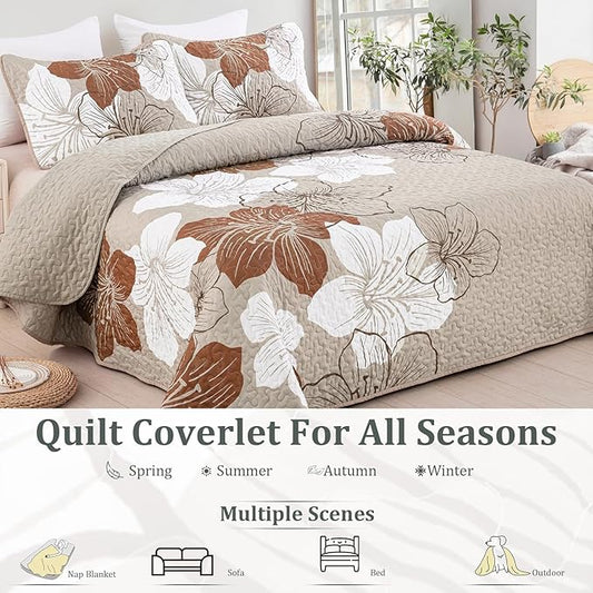 DJY 3-Piece Quilt Set - California King Taupe Boho Floral Pattern Quilt Coverlet Set with 2 Pillow Shams - Lightweight Bedding for Adults (Taupe, 106"x96")