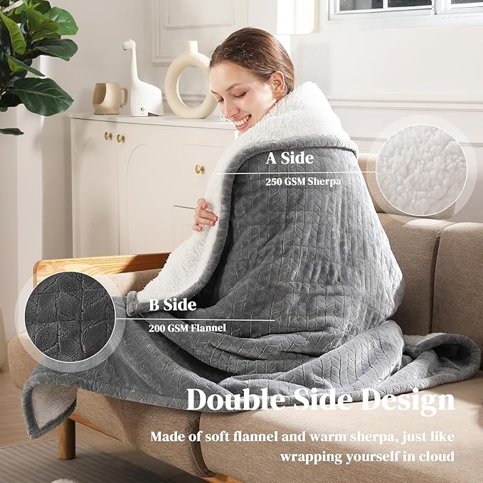 Twin Electric Blanket 62"x84" Heating Blanket Twin, Wheat Pattern Ultra-Soft Flannel & Thick Sherpa with 5 Heat Settings & 10 Hour Auto Shut-Off, ETL & FCC Certified, Machine Washable Home Use, Grey