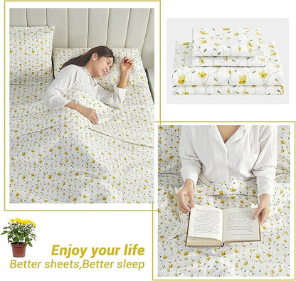 Softan King Sheet Set Yellow Floral Bed Sheets Printed Sheets - 4 Piece Soft Microfiber Patterned Fitted Sheets King with 15" Deep Pocket and Corner Straps, Cute Yellow Flower Sheets & Pillowcase Set